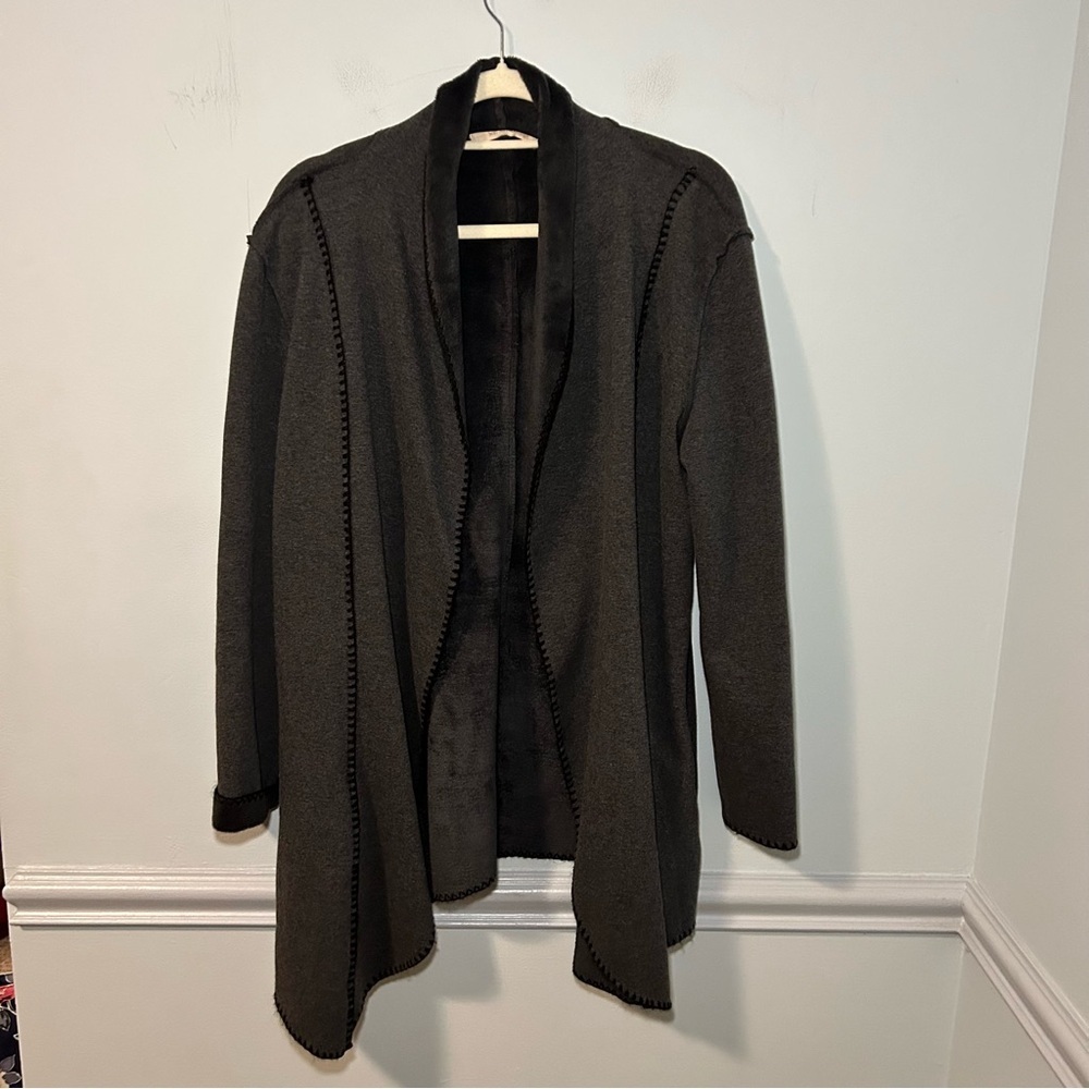 Soft Surroundings Black & Gray Velour Whipstitch Weekend Open Front Cardigan